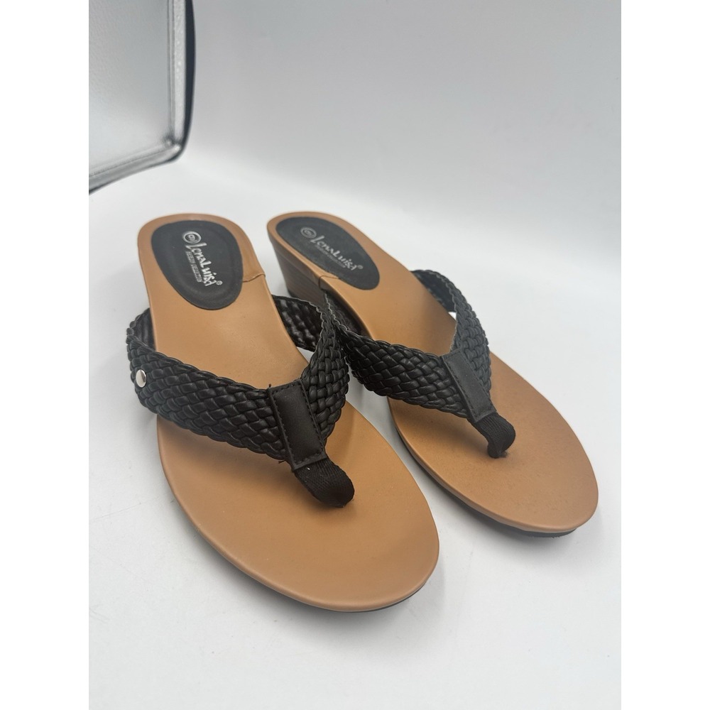Lena Luisa Brown Black Fabric Wedge Heel T-Strap Sandals Size 9 NWOB
